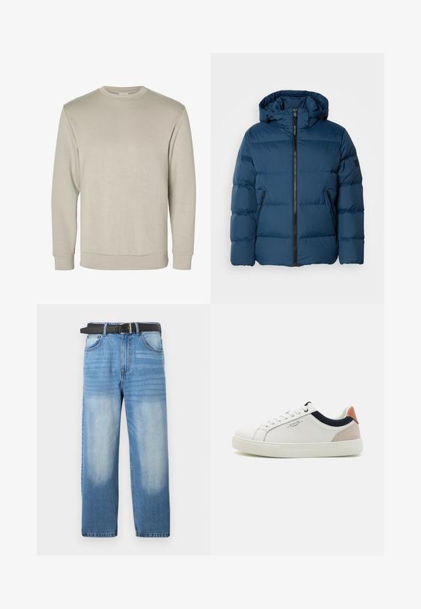 Blaues Puffer-Jackett mit Kapuze, ausgestattet mit einem Frontreißverschluss, zwei seitlichen Taschen und gesteppten Bereichen zur Isolierung. Glattes, wasserabweisendes Material.; Beiger Sweatshirt mit langen Ärmeln und Rundhalsausschnitt, mit gerippten Bündchen und Saum, auf weißem Hintergrund dargestellt.; Hellblaue Denim-Jeans mit geradem Bein, ausgestattet mit einem schwarzen Gürtel, ausgewaschenen Stellen und subtiler diagonaler Textur im oberen Bereich.; Weiße Leder-Sneaker mit einem Low-Top-Design, marineblauem Stoffakzent am Kragen und einem hellrosa Wildleder-Hackenteil. Gummisohle.