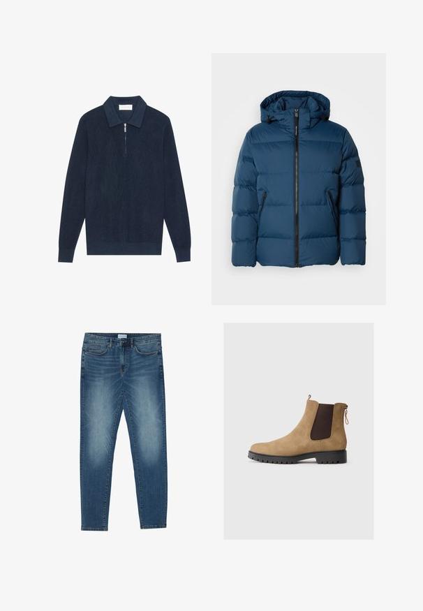 Blå pufferjakke med hætte, der har en frontlynlås, to sidelommer og quiltede sektioner til isolering. Glat, vandafvisende materiale.; Mørk marineblå strikket langærmet polo shirt med ribbet tekstur og en kort sølv lynlås ved kraven.; Denimjeans i midtblå med en falmet vask, fem-lomme design, lige ben pasform og broderede detaljer. Knap- og lynlåslukning.; Tan ruskind ankelstøvle med en rund tå, elastiske sidepaneler, en bageste løftestrop og en tekstureret gummisål for godt greb.