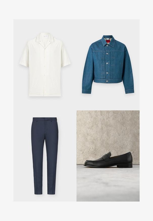Veste en jean bleue à manches longues, fermeture par boutons, col et étiquette de marque visible à l'intérieur de la zone du cou.; Chemise blanche à manches courtes avec col campagnard et tissu texturé subtil, présentée sur un fond clair uni.; Pantalons ajustés bleu marine avec une texture lisse, coupe slim, pince centrale et passants de ceinture. Le tissu présente un motif tissé subtil.; Mocassin en cuir noir flottant au-dessus d'un tapis beige avec une table ronde brune brillante en arrière-plan.
