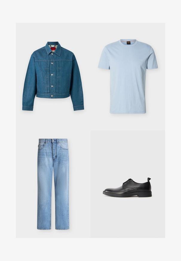 Blauwe spijkerjas met lange mouwen, knoopsluiting, kraag en zichtbaar merkembleem binnenin het nekgebied.; Lichtblauw T-shirt met korte mouwen en ronde hals, met subtiel "BOSS"-logo op de borst en een zwart label met een oranje "BOSS"-etiket aan de binnenkant van de kraag.; Lichtblauwe spijkerbroek met rechte pijpen, knoop- en ritssluiting, voor- en achterzakken en riemlussen in de tailleband.; Zwarte leren herenschoen met veters, voorzien van een trekband op de hiel, afgebeeld in zijaanzicht op een plain witte achtergrond.