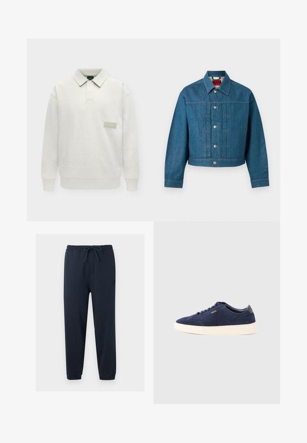 Veste en jean bleue à manches longues, fermeture par boutons, col et étiquette de marque visible à l'intérieur de la zone du cou.; Sweat-shirt polo blanc à manches longues avec col et petit patch logo rectangulaire sur la poitrine indiquant "BOSS."; Pantalon de jogging bleu marine avec ceinture élastique, cordon de serrage ajustable, jambes fuselées et ourlets retroussés.; Baskets en daim bleu marine avec semelle en caoutchouc blanche, bout arrondi, lacets ton sur ton et logo embossé sur le côté. Design profilé avec une texture douce.