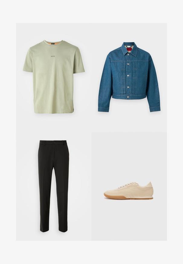 Blauwe spijkerjas met lange mouwen, knoopsluiting, kraag en zichtbaar merkembleem binnenin het nekgebied.; Olijfgroen T-shirt met korte mouwen van zachte stof, met een ronde halslijn en een klein 'BOSS'-logo gedrukt in het midden.; Zwarte broek van gladde stof, met rechte pijpen, een knoopsluiting en een klassiek ontwerp dat geschikt is voor zowel formele als casual gelegenheid.; Beige suede sneakers met een gestroomlijnd ontwerp, voorzien van een textuur bovenwerk, ronde neus en een rubberen zool met een zigzagpatroon.