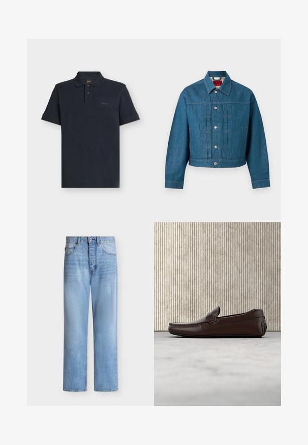 Veste en jean bleue à manches longues, fermeture par boutons, col et étiquette de marque visible à l'intérieur de la zone du cou.; Polo bleu marine à manches courtes avec patte de boutonnage deux boutons et logo discret "BOSS" sur la poitrine gauche.; Jean droit en denim bleu clair avec fermeture par bouton et zip, poches avant et arrière, et passants de ceinture à la taille.; Mocassins en cuir marron avec une finition lisse, des coutures de style mocassin, un bout rehaussé et une semelle en caoutchouc basse et flexible.
