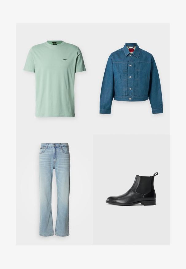 Veste en jean bleue à manches longues, fermeture par boutons, col et étiquette de marque visible à l'intérieur de la zone du cou.; T-shirt vert clair à manches courtes avec col rond et petit logo noir "BOSS" sur le côté gauche de la poitrine sur un fond uni.; Jeans en denim bleu clair avec une coupe droite, dotés de cinq poches, d'une fermeture à bouton et d'une légère décoloration sur le tissu.; Bottine en cuir noir avec des panneaux latéraux élastiques, bout rond et tirette. Texture lisse, semelle plate, design minimaliste.