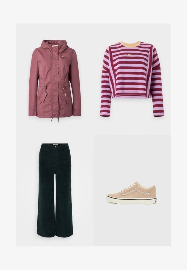 Damejakke i støvet rosa med hætte, for-lynlås, klaplommer, justerbare snore i taljen og en lomme med lynlås på brystet.; Langærmet cropped sweater med horisontale vinrøde og lyse lilla striber samt en beige rund halsudskæring.; Breddebenede kordfløjl bukser i mørkegrøn med høj talje, knaplukning og to forlommer. Blød tekstur med ribbet design.; Beige ruskind lavtop-sneaker med hvide snørebånd, hvid sål med sort stribe og dekorativt bølgemønster med små nitter på siden.
