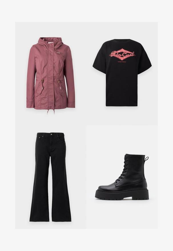 Damejakke i støvet rosa med hætte, for-lynlås, klaplommer, justerbare snore i taljen og en lomme med lynlås på brystet.; Sort kortærmet t-shirt med rødt "Rip Curl Surfing Company" logo og blomsterformet diamantdesign på brystet.; Sorte højtaljede denimjeans med fem lommer og bredde ben, vist på en hvid baggrund.; Sorte læder ankelstøvler med rund tå, snørebånd foran og en tyk gummisål med struktureret slidbane. Hæfteløkke bagpå.