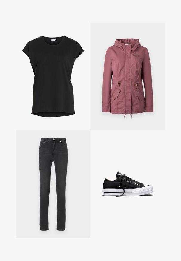 Damejakke i støvet rosa med hætte, for-lynlås, klaplommer, justerbare snore i taljen og en lomme med lynlås på brystet.; Sort kortærmet afslappet t-shirt med opkrøjede ærmer og rund halsudskæring fra mærket VILA.; Sorte skinny jeans med høj talje, lavet af stræk denim, med bæltestropper, minimal syning og et klassisk fem-lomme design.; Sort lavt sneakers i lærred med hvid sål i gummi, sorte snørebånd og metaløjer på hvid baggrund.