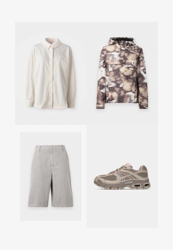 Veste-pull à capuche aux motifs marron et beige, avec une poche avant et des cordons réglables. Texture douce et manches longues.; Chemise à col blanc, à boutons, avec des rayures verticales, à manches longues, poche poitrine simple, en tissu lisse avec une texture douce.; Shorts Bermuda avec fines rayures verticales noires et blanches, fermeture boutonnée à l'avant, passants pour ceinture et poches latérales.; Chaussure de sport beige avec tige en mesh, accents moulés, bout arrondi et amorti d'air visible dans la semelle. Lacets de couleur neutre.
