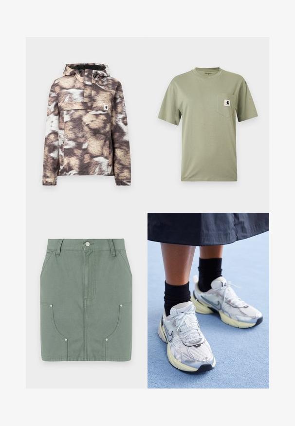 Bruin en beige patroon vest met capuchon, voorzien van een voorkantzak en verstelbare trekkoorden. Zachte textuur en lange mouwen.; Olivengroene T-shirt met korte mouwen en ronde hals, met een borstzak met een klein Carhartt-logo.; Groene katoenen rok met een fitted ontwerp, voorzien van voorzakken, een gladde textuur en metalen hardwareaccenten op de zakken.; Witte en zilveren Nike sneakers van meshstof, met reflecterende accenten en een beige zool. Gedragen met zwarte sokken, staand op een blauwe ondergrond.