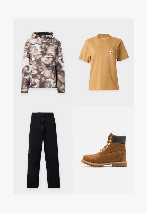 Bruin en beige patroon vest met capuchon, voorzien van een voorkantzak en verstelbare trekkoorden. Zachte textuur en lange mouwen.; Effen bruine T-shirt met korte mouwen en een borstzakje met een vierkante merklogo-patch, getoond op een effen lichte achtergrond.; Zwarte rechte broek met voorzakken, riemlussen en een knoopsluiting op een effen lichte achtergrond.; Bruine suède enkellaars met zwarte gewatteerde kraag, gouden oogjes, vetersluiting aan de voorkant en een rubberen zool met een gestructureerd patroon.