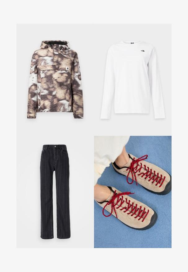 Brun og beige mønstret pullover-jakke med hætte, som har en frontlomme og justerbare snore. Blød tekstur og lange ærmer.; Hvid langærmet T-shirt med rund hals og lille sort The North Face-logo på venstre bryst.; Højtaljede sorte denimjeans med lodrette striber, lige ben og metalknaplukning fortil.; Beige sko med røde snørebånd, placeret på en blå tekstureret overflade, delvist synliggørende en persons ankel. Skoene har et sporty design.