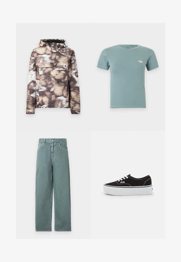 Brun og beige mønstret pullover-jakke med hætte, som har en frontlomme og justerbare snore. Blød tekstur og lange ærmer.; Kortærmet, lyseblå ribstrikket bomulds t-shirt med en lille hvid logo på venstre bryst og rund halsudskæring.; Lys grønne brede jeans med knaplukning, fire lommer og subtile syninger, lavet af et glat bomuldsstof.; Sort lærred sneakers med en hvid gummi platform sål, der har hvide snørebånd og syninger, ikonisk branding på siden, lav-top design.