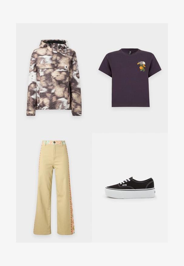 Veste-pull à capuche aux motifs marron et beige, avec une poche avant et des cordons réglables. Texture douce et manches longues.; T-shirt en coton violet à col rond, orné d'un motif floral brodé et d'un logo sur le côté gauche de la poitrine. Manches courtes, coupe décontractée.; Pantalon beige taille haute à jambes larges avec fermeture à boutons, ceinture à motif floral et bandes latérales aux couleurs pastel.; Baskets en toile noires avec une semelle en caoutchouc blanc, dotées de lacets et de coutures blanches, marquage emblématique sur le côté, design basse.