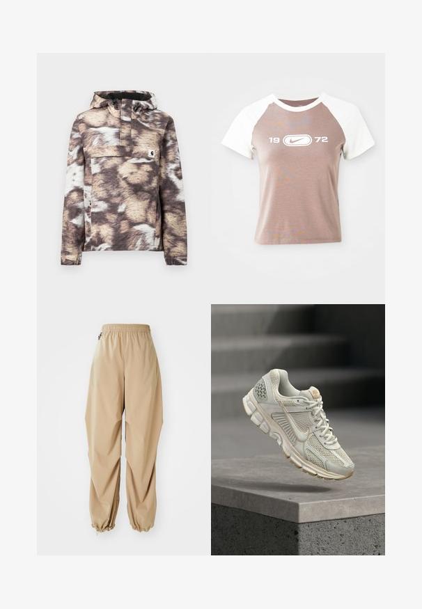 Brun og beige mønstret pullover-jakke med hætte, som har en frontlomme og justerbare snore. Blød tekstur og lange ærmer.; Kortærmet t-shirt med en lys brun krop og hvide raglanærmer, med et stort hvidt grafisk logo og årstallet "1972" centreret foran.; Beige letvægtsbukser med elastisk talje, tapered manchetter og en glat tekstur, der har en afslappet pasform og ingen synlige mønstre eller udsmykninger.; Lys beige løbesko med mesh-overdel, blød foring, gummisål og brune accenter. Har et markant side swoosh-logo og teksturerede paneler.