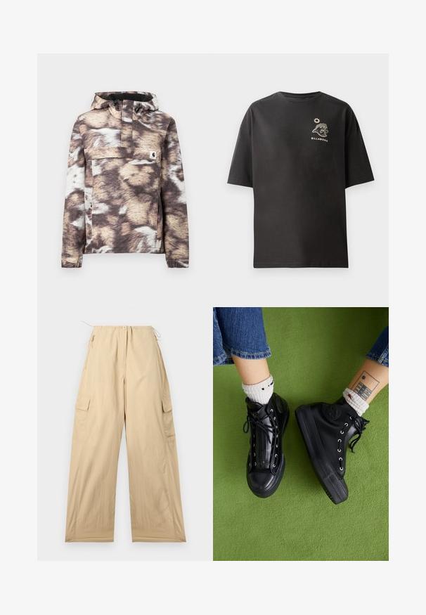Bruin en beige patroon vest met capuchon, voorzien van een voorkantzak en verstelbare trekkoorden. Zachte textuur en lange mouwen.; Zwarte t-shirt met korte mouwen die een klein wit Billabong logo en grafisch ontwerp op de borst heeft. Gemaakt van zachte katoen met een losse pasvorm.; Beige cargobroek met een ontspannen pasvorm, voorzien van een trekkoord in de taille, twee zijzakken en een soepele, lichte stof.; Zwarte hoge sneakers van glanzend materiaal met metalen oogjes, platte veters en gestructureerde zolen. Draagt met witte patroon sokken.
