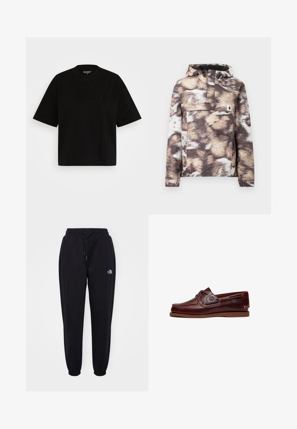 Veste-pull à capuche aux motifs marron et beige, avec une poche avant et des cordons réglables. Texture douce et manches longues.; T-shirt en coton noir avec une coupe décontractée, manches courtes, col rond, et un petit logo sur la poitrine gauche.; Pantalons de jogging noirs avec taille élastique et poignets, cordon de serrage, poches latérales et petit logo blanc The North Face sur la cuisse droite.; Chaussure bateau en cuir marron avec lacets, détails de couture et logo Timberland sur le côté, présentée sur un fond blanc.
