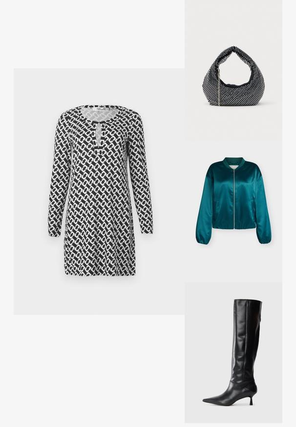 Teal satin bomberjakke med lynlåslukning, elastiske manchetter og kant. Har to sidelommer og en rund krave. Glat tekstur.; Langærmet tunikakjole i sort og hvid med et geometrisk kædemønster, rund halsudskæring med nøglehul og glat stoftekstur.; Sorte læder knæhøje støvler med spids tå og slank buet hæl. Glat tekstur, tætsiddende design og ingen synlig hardware eller mønstre.; Sort mesh håndtaske prydet med sølvnitter, udstyret med et buet håndtag og en kædetraspe. Blød tekstur med en rund form.