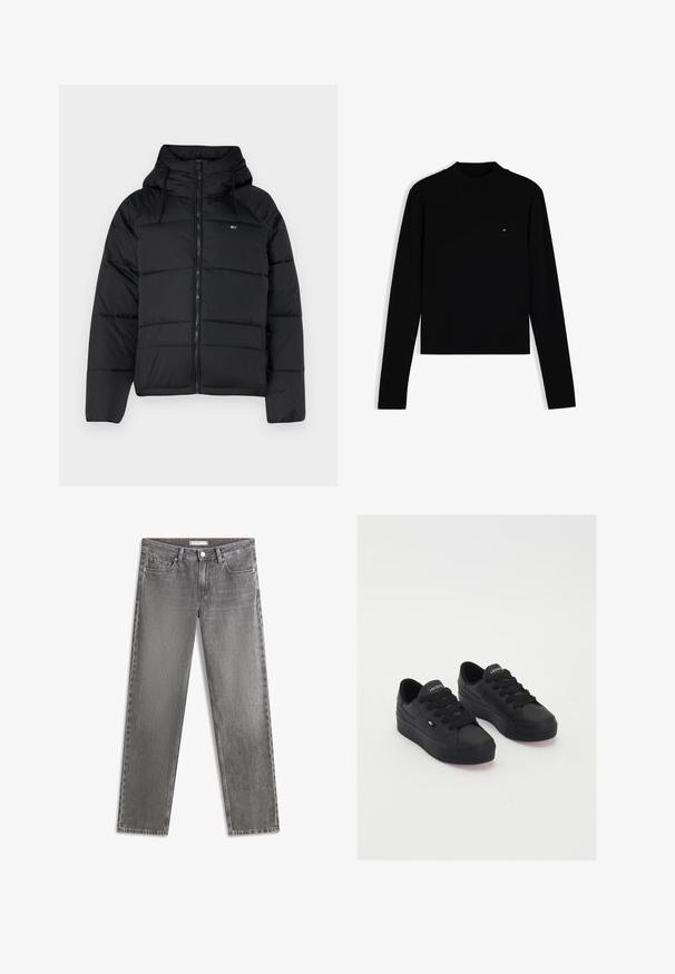 Chaqueta acolchada negra con capucha, con cremallera frontal, cordones ajustables y diseño acolchado. Tejido suave y ligero.; Top negro ajustado de manga larga con cuello vuelto y pequeño logo rectangular rojo, blanco y azul en el pecho izquierdo.; Vaqueros de mezclilla gris con corte de pierna recta, con cierre de botones, cinco bolsillos y sutiles detalles de desgaste en la tela.; Zapatillas bajas negras de material suave, con cordones gruesos, una suela texturizada y un pequeño logo en el lateral y la lengüeta.