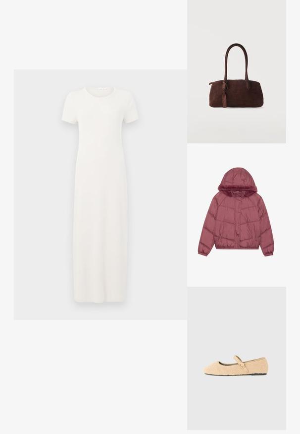 Polstret jakke i dæmpet rosa farve med en pelsforet hætte, ribbede manchetter og trykknaplukning med diagonalt quiltet mønster.; Beige, kortærmet kjole i knælængde lavet af blødt bomuldsstof. Har rund halsudskæring og en enkel, lige silhuet.; Beige fnug Mary Jane flad sko med rund tå, justerbar rem med cirkelformet spænde og sort sål på hvid baggrund.; Mørkebrun ruskindshåndtaske med to lange håndtag og en lille fastgjort tag, sat mod en ensfarvet lys baggrund.