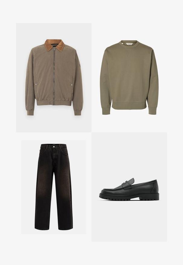 Brun bomberjakke med kordfløjlskrave, frontlynlås, elastiske manchetter, kant og to trykknap-lommer på siden.; Ensfarvet olivengrøn crewneck-sweatshirt med lange ærmer og ribkant ved ærmer og kant.; Sorte denim jeans med en afslappet pasform, der har bæltestropper, fem-lomme design og en knaplukning. Struktureret stof med let falmning.; Sorte læder loafers med rund tå, der har et syet design, lav platformssål og en struktureret, skridsikker gummisål.