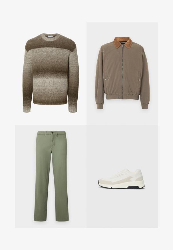 Braune Bomberjacke mit Cordkragen, Frontreißverschluss, elastischen Bündchen, Saum und zwei Druckknopf-Seitentaschen.; Langärmeliger Strickpullover mit Rundhalsausschnitt, der horizontale Farbverläufe in Braun- und Beigetönen zeigt.; Herren-Hosen in Olivgrün mit geradem Bein, ausgestattet mit Knopf- und Reißverschluss, Gürtelschlaufen und Seitentaschen, auf weißem Hintergrund präsentiert.; Weiße und beige Low-Top-Sneaker mit Schnürverschluss, schwarzer Sohle und "Armani Exchange"-Markenlogo an der Seite und Sohle.