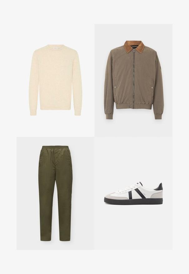 Brun bomberjakke med kordfløjlskrave, frontlynlås, elastiske manchetter, kant og to trykknap-lommer på siden.; Lys beige sweater lavet af blødt strikstof, med rund halsudskæring og lange ærmer, samt ribbede manchetter og kant.; Olivenfarvede bukser med lige ben, elastisk talje og sidelommer på ens hvid baggrund.; Hvide sneakers med sorte og grå detaljer, med en tekstureret grå tåhætte, sort gummisål og flade hvide snørebånd. Rent design, minimalistisk stil.