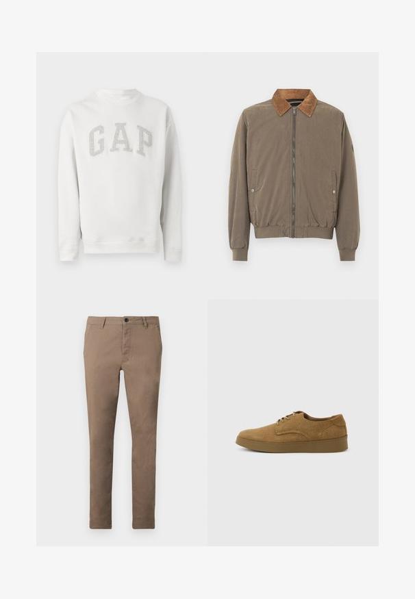 Veste aviateur marron avec col en velours côtelé, fermeture éclair à l'avant, poignets élastiques, ourlet élastiqué et deux poches latérales à boutons-pression.; Sweat-shirt blanc à manches longues avec col rond et lettres grises "GAP" sur la poitrine, en tissu doux, présenté sur un fond uni.; Pantalon marron ajusté pour homme avec fermeture à boutons et zip sur le devant, passants de ceinture et poches latérales, présenté à plat sur fond blanc.; Chaussure décontractée à lacets en daim marron avec semelle en caoutchouc plate, vue de côté sur un fond clair uni.
