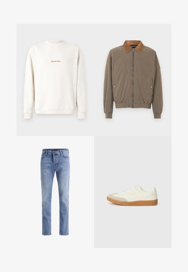 Braune Bomberjacke mit Cordkragen, Frontreißverschluss, elastischen Bündchen, Saum und zwei Druckknopf-Seitentaschen.; Cremefarbiges Sweatshirt mit geripptem Rundhalsausschnitt und Bündchen. Auf der Brust befindet sich eine kleine goldene Stickerei "Original Studio". Weicher Stoff.; Hellblaue Denim-Jeans mit geradem Bein, vorderer Knopfleiste, Reißverschluss und Fünf-Taschen-Design, hergestellt von Jack & Jones.; Sneaker aus weißem Leder mit einer beigen Zehenkappe und leichter brauner Gummisohle. Verfügt über flache weiße Schnürsenkel und geprägtes Branding an der Seite.