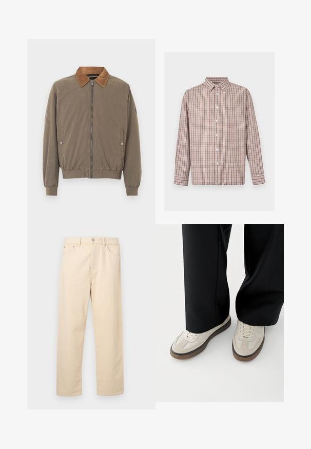 Bruine bomberjack met corduroy kraag, voorrits, elastische manchetten, zoom en twee drukknop zijzakken.; Overhemd met lange mouwen en knopen, met een bruin-wit-beige geruit patroon en een klassieke kraag.; Beige jeans met rechte pijpen, een knoop- en ritssluiting, riemlussen en steekzakken aan de voorkant, afgebeeld op een effen achtergrond.; Voeten met beige sneakers met bruine zolen en zwarte wijde broekspijpen op een witte achtergrond.