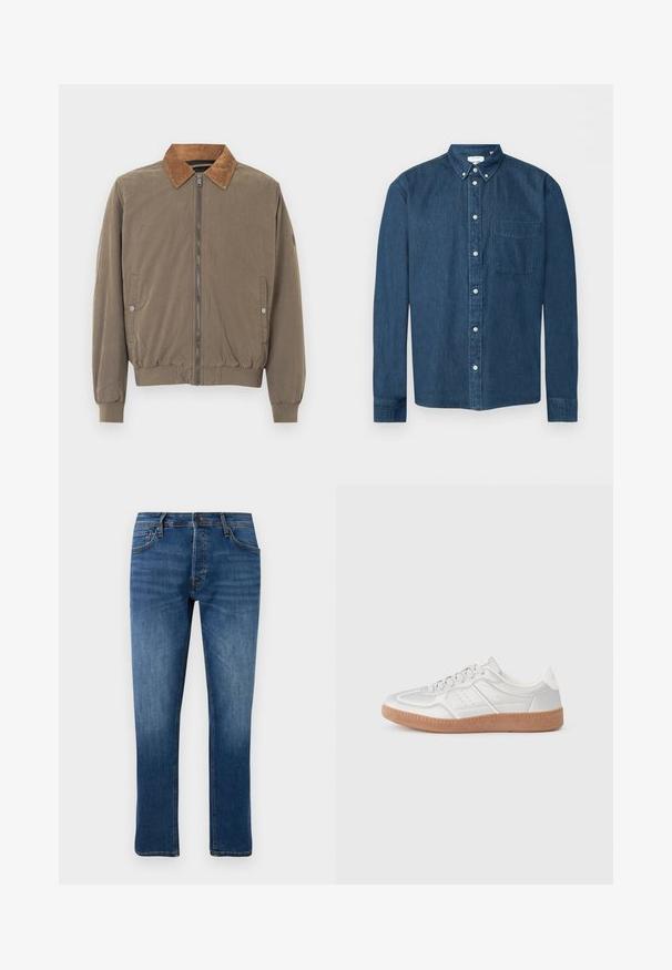 Bruine bomberjack met corduroy kraag, voorrits, elastische manchetten, zoom en twee drukknop zijzakken.; Donkerblauw denim overhemd met knopen, lange mouwen, een voorzak aan de linkerkant en een button-down kraag, weergegeven op een witte achtergrond.; Blauwe rechte spijkerbroeken met vijf zakken, knoopsluiting en subtiele vervaging op de dijen en knieën, weergegeven tegen een witte achtergrond.; Zilveren sneakers met een gladde textuur, vetersluiting, geperforeerde accenten en een gestructureerde bruine rubberen zool.