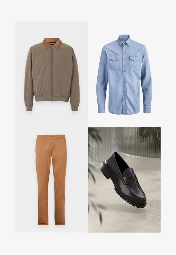 Veste aviateur marron avec col en velours côtelé, fermeture éclair à l'avant, poignets élastiques, ourlet élastiqué et deux poches latérales à boutons-pression.; Chemise en denim bleu clair à manches longues avec boutons-pressions, col pointu et deux poches poitrine à rabat avec fermetures à bouton.; Chinos en coton marron avec une coupe slim, dotés d'une fermeture à bouton, de poches latérales et d'une texture lisse.; Mocassins en cuir marron avec une semelle en caoutchouc texturée et striée. Présente un design épuré et une sangle décorative sur le cou-de-pied.
