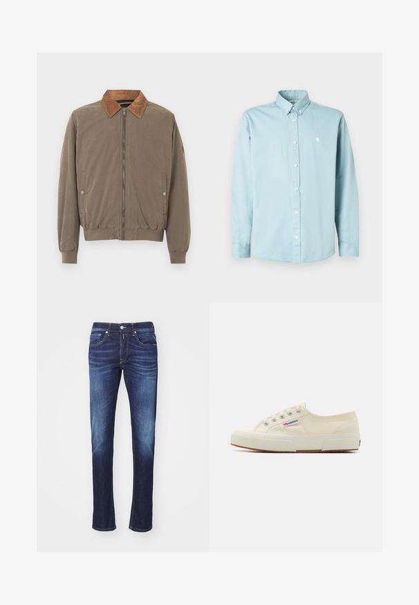 Pruun bomber-jakk, millel on tikkidega kaelus, ees lukuga, elastsed mansetid, äär ja kaks nupukesega külge taskut.; Hele sinine pika varrukaga nööbitav särk, valmistatud puuvillast, millel on klassikaline krae, valged nööbid ja väike logo rinnal.; Tumedat sinised teksapüksid sirge lõikega, viie taskuga, nupuga lukuga ja kergelt kulunud ilmega reite piirkonnas.; Beež canvas-tossud madala profiiliga disainiga, metallist silmadega ja kummist tallaga. Omab tekstureeritud mustrit ja logo detaili küljel.