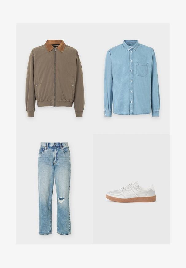 Chaqueta bomber marrón con cuello de pana, cremallera frontal, puños elásticos, dobladillo y dos bolsillos laterales con botón a presión.; Camisa de mezclilla azul claro de manga larga con cuello abotonado, bolsillo en el pecho delantero y botones blancos en el centro y en los puños.; Vaqueros de mezclilla azul claro con un corte relajado, que presentan zonas desgastadas y un pequeño desgarro en la rodilla derecha.; Zapatillas plateadas con una textura suave, diseño de cordones, acentos perforados y una suela de goma marrón texturizada.