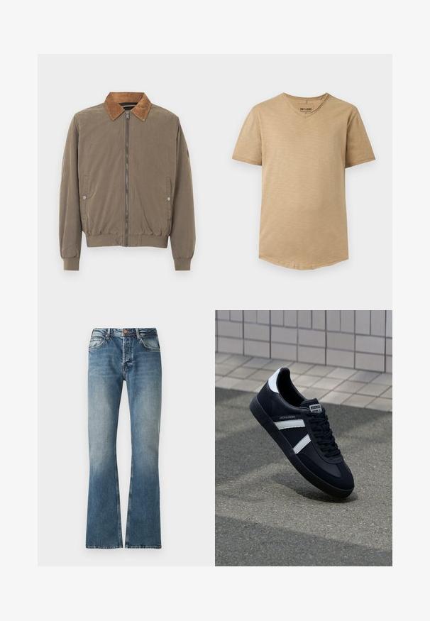 Braune Bomberjacke mit Cordkragen, Frontreißverschluss, elastischen Bündchen, Saum und zwei Druckknopf-Seitentaschen.; Beiges Herren-T-Shirt mit kurzen Ärmeln und V-Ausschnitt, schlanker Passform und feiner Struktur, flach vor weißem Hintergrund dargestellt.; Blaue Jeans aus Denim mit einem verwaschenen Effekt, geradem Bein Schnitt, Knopf- und Reißverschluss und fünf Taschen Design.; Schwarze Leder-Sneaker mit weißen Streifen, strukturiertem Gummisohle und Schnürung. Verfügt über ein Markenetikett auf der Zunge.