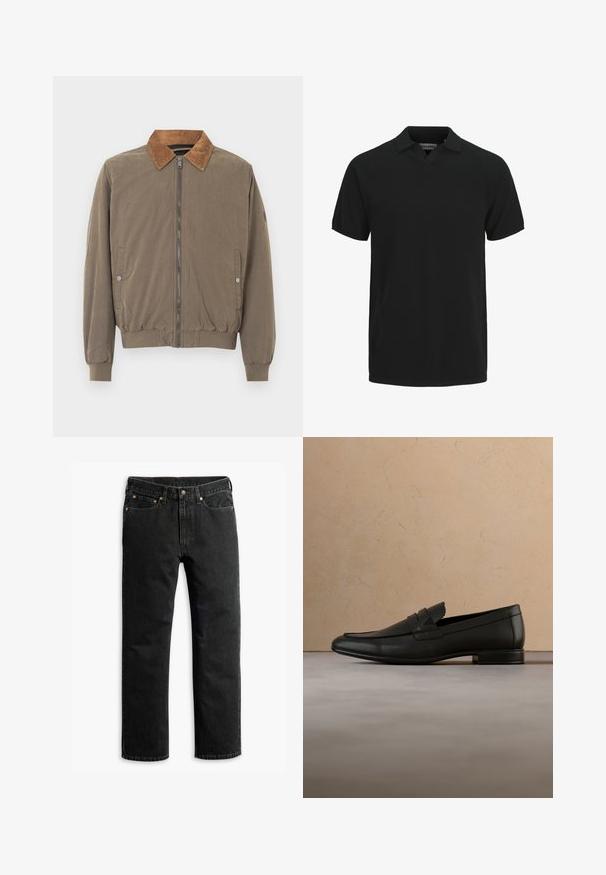 Braune Bomberjacke mit Cordkragen, Frontreißverschluss, elastischen Bündchen, Saum und zwei Druckknopf-Seitentaschen.; Schwarzes kurzärmliges Polohemd mit Kragen und kleinem V-Ausschnitt, hergestellt aus strukturiertem Stoff.; Schwarze Jeans im geraden Schnitt mit fünf Taschen, Gürtelschlaufen und einem Knopfverschluss an der Taille, flach auf einem weißen Hintergrund ausgelegt.; Schwarzer Lederloafer schwebt über einem beigen Teppich mit beigem Sofa in einem minimalistischen Innenraum.
