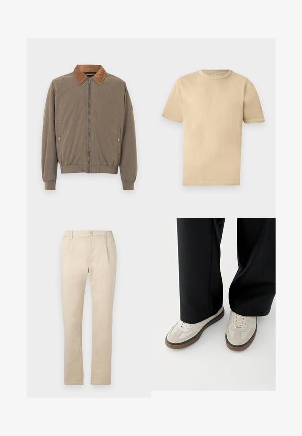 Veste aviateur marron avec col en velours côtelé, fermeture éclair à l'avant, poignets élastiques, ourlet élastiqué et deux poches latérales à boutons-pression.; T-shirt beige en coton à manches courtes et col rond avec une coupe décontractée et des détails de couture subtils sur un fond clair.; Pantalon beige droit avec fermeture par bouton et fermeture éclair, passants pour ceinture et côtés élastiques à la taille.; Pieds portant des baskets beige avec des semelles marron et un pantalon noir à jambes larges sur fond blanc.