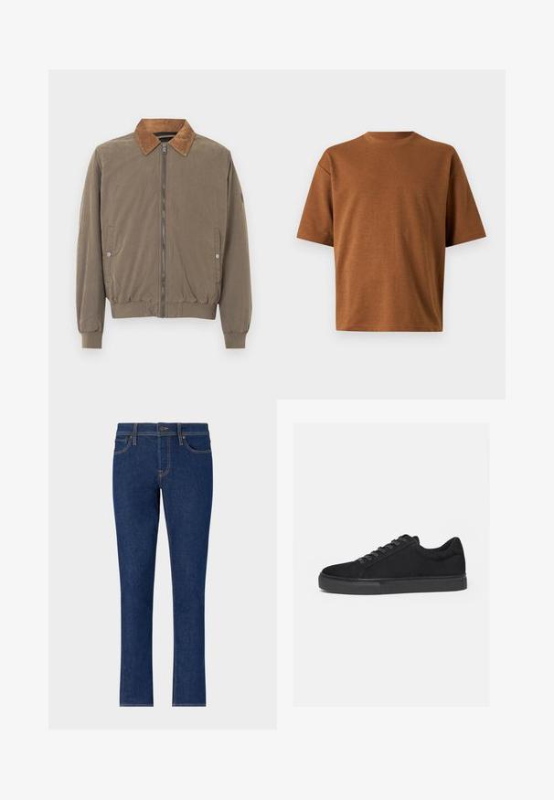 Pruun bomber-jakk, millel on tikkidega kaelus, ees lukuga, elastsed mansetid, äär ja kaks nupukesega külge taskut.; Pruun lühikeste varrukatega ümara kaelusega t-särk, lahtise istuvusega ja sileda kangatekstuuriga, esitatud ühevärvilise heledahallide taustal.; Tumed sinised teksad sirge jala disainiga, õrnade õmblustega, viie tasku ja nööbiga sulgemisega vööl.; Must madalate tossudega toss, eesnöörimine ja lame kummitald, näidatud küljelt valgel taustal.