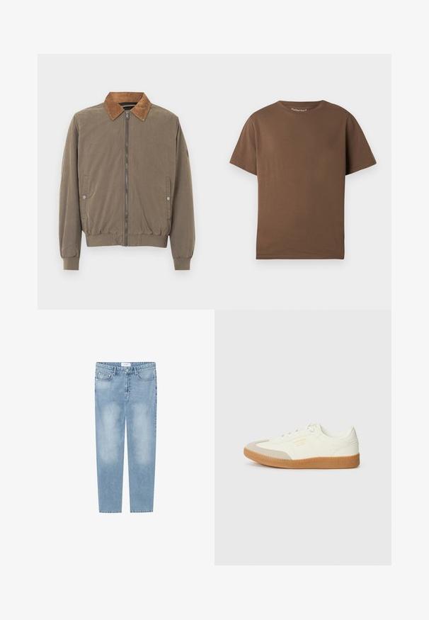 Braune Bomberjacke mit Cordkragen, Frontreißverschluss, elastischen Bündchen, Saum und zwei Druckknopf-Seitentaschen.; Braunes Baumwoll-T-Shirt mit lockerem Schnitt, kurzen Ärmeln und rundem Halsausschnitt. Einfaches Design, ohne Muster oder Verzierungen.; Helle blaue Röhrenjeans aus Denim. Verfügt über ein Fünf-Taschen-Design, ausgebleichte Stellen und ein Etikett am Bund. Keine Verzierungen.; Sneaker aus weißem Leder mit einer beigen Zehenkappe und leichter brauner Gummisohle. Verfügt über flache weiße Schnürsenkel und geprägtes Branding an der Seite.