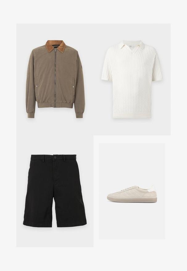 Veste aviateur marron avec col en velours côtelé, fermeture éclair à l'avant, poignets élastiques, ourlet élastiqué et deux poches latérales à boutons-pression.; Chemise tricotée blanche à manches courtes avec motif ondulé texturé et col ouvert, en tissu doux.; Shorts noirs en coton avec un design à l'avant plat, dotés d'une fermeture à bouton et de poches latérales, sans motifs ni accents visibles.; Baskets en daim beige avec une tige texturée, un contrefort de talon blanc lisse, de fines lacets et une semelle extérieure en caoutchouc. Présente un design bas profil.