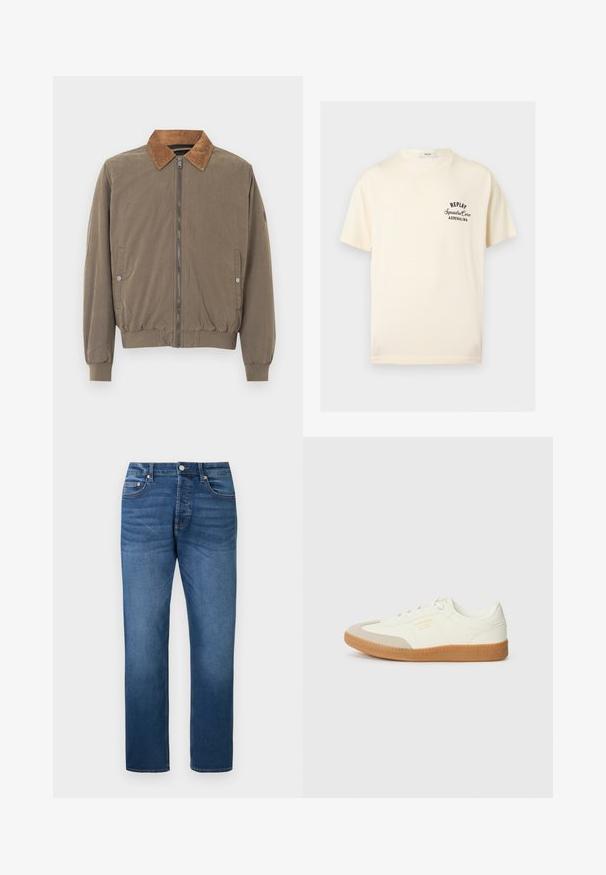 Veste aviateur marron avec col en velours côtelé, fermeture éclair à l'avant, poignets élastiques, ourlet élastiqué et deux poches latérales à boutons-pression.; T-shirt crème à manches courtes avec texte noir « REPLAY Squadra Corse ADRENALINA » sur la poitrine gauche et col rond.; Jean bleu droit avec bouton et fermeture éclair à l'avant, style cinq poches, et légère décoloration sur les cuisses et les genoux, présenté à plat sur fond blanc.; Baskets en cuir blanc avec une coque beige et une semelle en caoutchouc marron clair. Dotées de lacets blancs plats et d'un logo embossé sur le côté.