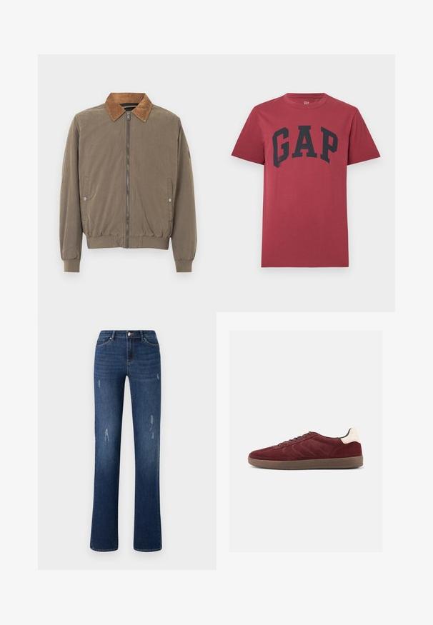 Braune Bomberjacke mit Cordkragen, Frontreißverschluss, elastischen Bündchen, Saum und zwei Druckknopf-Seitentaschen.; Rotes T-Shirt mit kurzen Ärmeln und Rundhalsausschnitt, mit großem schwarzem "GAP"-Schriftzug in der Mitte der Brust.; ONLY ONLWAUW MID WAIST - Jeans Slim Fit - dark blue denim; Bordeauxrote Veloursledersneaker mit Schnürung vorne, strukturierten seitlichen Details und hellfarbigem Fersenakzent. Gummisohle mit glatter Oberfläche.