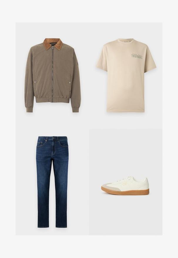 Veste aviateur marron avec col en velours côtelé, fermeture éclair à l'avant, poignets élastiques, ourlet élastiqué et deux poches latérales à boutons-pression.; T-shirt beige à manches courtes avec col rond, petite inscription verte « PURE ZEST » et une citation inspirée des agrumes sur le côté gauche de la poitrine.; Jeans en denim bleu foncé avec une coupe droite, comportant cinq poches, des détails de couture et une fermeture à boutons classique.; Baskets en cuir blanc avec une coque beige et une semelle en caoutchouc marron clair. Dotées de lacets blancs plats et d'un logo embossé sur le côté.