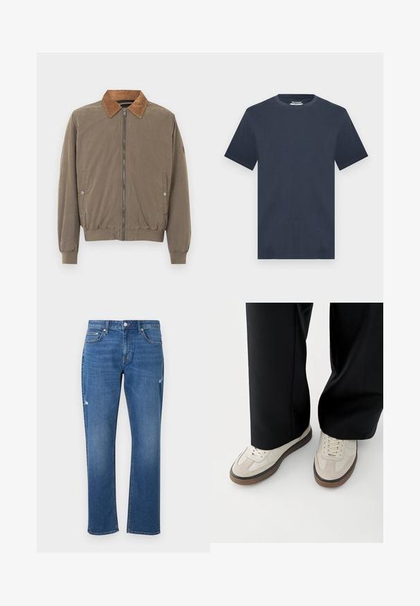 Brun bomberjakke med kordfløjlskrave, frontlynlås, elastiske manchetter, kant og to trykknap-lommer på siden.; Marineblå T-shirt med korte ærmer og rund hals i afslappet pasform, vist mod en lysegrå baggrund.; Blå lige jeans med fem lommer, knap- og lynlåslukning foran samt diskrete slidte detaljer på lårene.; Fødder iført beige sneakers med brune såler og sorte bukser med vide ben på hvid baggrund.