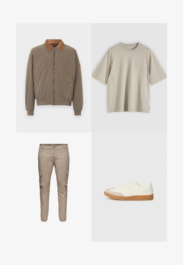 Veste aviateur marron avec col en velours côtelé, fermeture éclair à l'avant, poignets élastiques, ourlet élastiqué et deux poches latérales à boutons-pression.; T-shirt beige oversize en coton à manches courtes avec col rond et logo discret en relief sur la poitrine, présenté sur un fond neutre.; Pantalon cargo beige à coupe slim avec poches à rabat latérales, fermeture par boutons, passants pour ceinture et poignets élastiques aux chevilles.; Baskets en cuir blanc avec une coque beige et une semelle en caoutchouc marron clair. Dotées de lacets blancs plats et d'un logo embossé sur le côté.