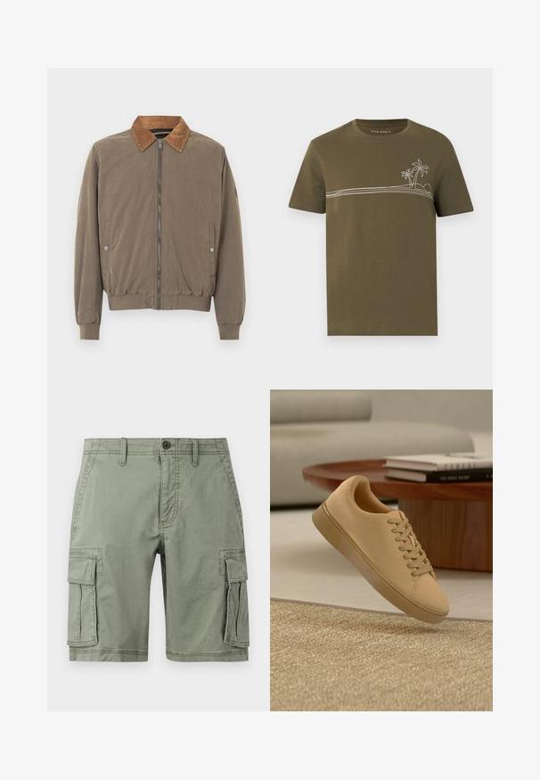 Brun bomberjakke med kordfløjlskrave, frontlynlås, elastiske manchetter, kant og to trykknap-lommer på siden.; Olivengrøn kortærmet T-shirt med hvidt tyndt palme- og ø-grafik over brystet, rund halsudskæring.; Grønne cargo shorts lavet af bomuldsblanding, der har to sidelommer, knaplukning og lige snit.; Beige snørestøvler, der svæver over et tekstureret tæppe med et træ sofabord og stablede bøger i en sløret baggrund.