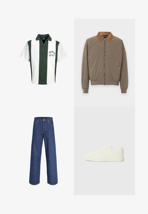 Veste aviateur marron avec col en velours côtelé, fermeture éclair à l'avant, poignets élastiques, ourlet élastiqué et deux poches latérales à boutons-pression.; Polo rugby à manches courtes avec larges rayures verticales vertes et blanches et texte en écriture noire sur le côté gauche de la poitrine.; Jean en denim bleu à jambes larges avec fermeture à bouton et à glissière, passants de ceinture et poches avant, présenté sur fond blanc.; Baskets blanches avec une tige à texture lisse, bout arrondi et laçage traditionnel, arborant un design minimaliste et une semelle en caoutchouc.