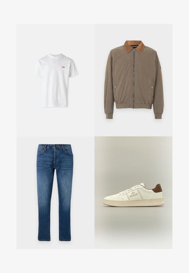 Pruun bomber-jakk, millel on tikkidega kaelus, ees lukuga, elastsed mansetid, äär ja kaks nupukesega külge taskut.; Valge puuvillane T-särk, millel on ümar kaelus ja lühikesed varrukad, vasakul rinnal on väike punane "OBEY" logo.; Sinised sirged püksid viie taskuga, nööbikinnitusega ja kergelt kulunud kohtadega reitel ja põlvedel, esitatud valgel taustal.; Madala säärega valged tossud beežide tallade, pruuni kanna klambri, paelte ja kuldse "REPLAY" logoga küljel.