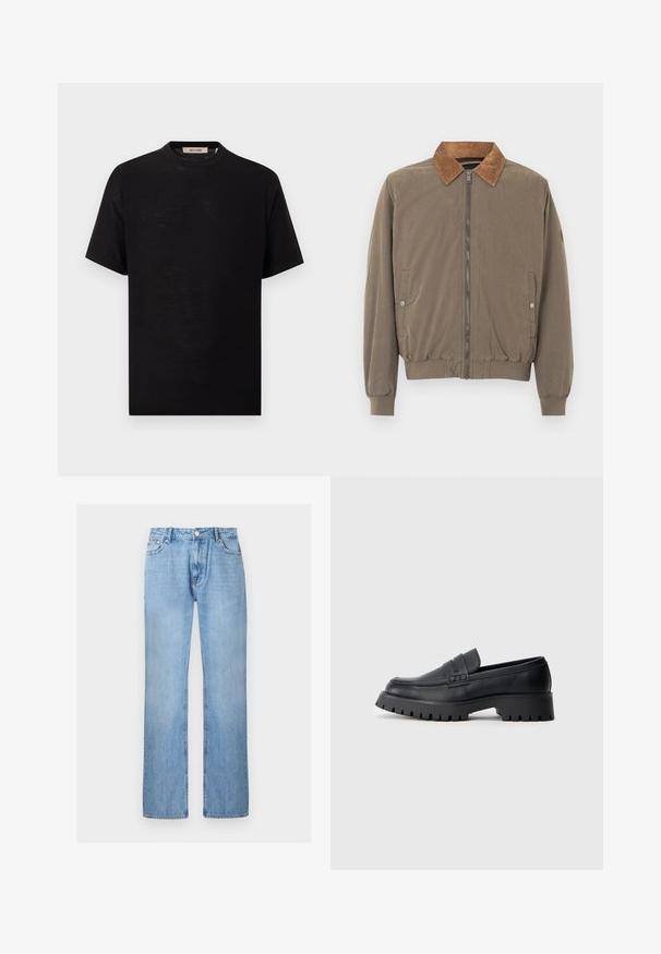 Veste aviateur marron avec col en velours côtelé, fermeture éclair à l'avant, poignets élastiques, ourlet élastiqué et deux poches latérales à boutons-pression.; T-shirt noir à manches courtes et col rond avec l'étiquette "Only & Sons" à l'intérieur du col, présenté sur un fond blanc.; Jean droit en denim bleu clair avec bouton à l'avant et poches, présenté sur un fond blanc uni.; Mocassins en cuir noir avec un bout arrondi, présentant une sangle décorative et une semelle en caoutchouc épaisse avec de profonds crampons pour une meilleure adhérence.