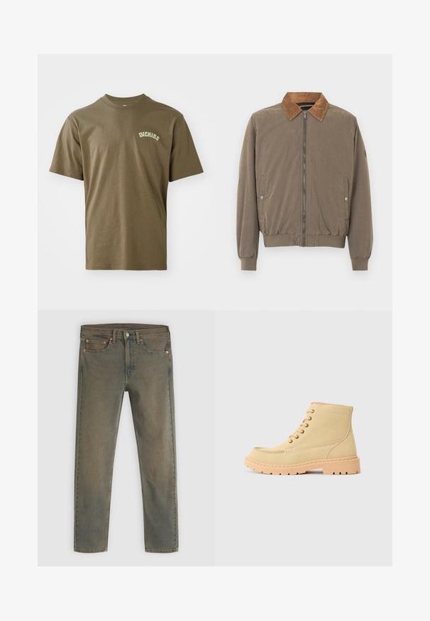 Braune Bomberjacke mit Cordkragen, Frontreißverschluss, elastischen Bündchen, Saum und zwei Druckknopf-Seitentaschen.; Olivgrünes Baumwoll-T-Shirt mit kurzen Ärmeln, Rundkragen und einem kleinen weißen "Dickies"-Logo auf der linken Brust. Glatte Textur.; Dunkelgrüne Denim-Jeans mit geradem Beinanschnitt, fünf Taschen und Kupferhardware-Akzenten. Die verblasste Textur verleiht ein abgenutztes Aussehen.; Beige Wildleder-Ankle Boots mit einer beigen Gummisohle, die ein Schnürdesign und sichtbare Nähte entlang der Kanten aufweisen.