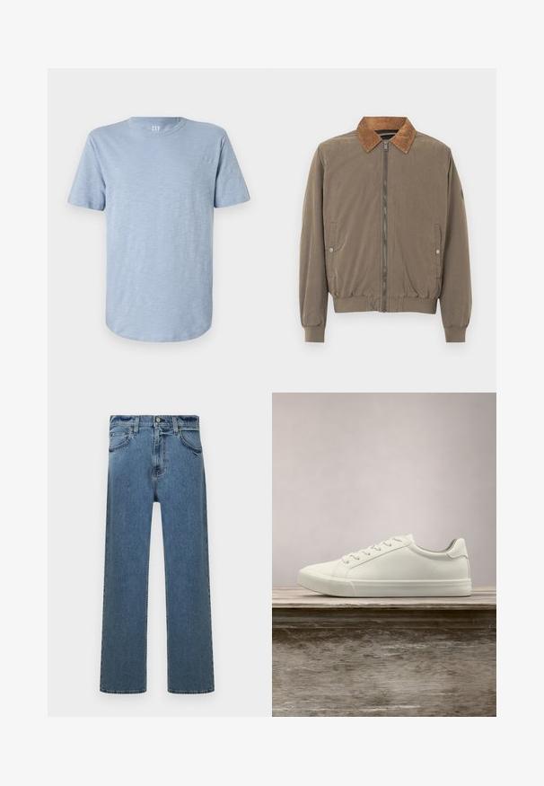 Bruine bomberjack met corduroy kraag, voorrits, elastische manchetten, zoom en twee drukknop zijzakken.; Lichtblauwe T-shirt met korte mouwen, gemaakt van zachte stof, met een ronde halslijn en een rechte zoom met een subtiele textuur.; Blauwe straight-leg spijkerbroek met vijf zakken, riemlussen en knoopsluiting, weergegeven op een witte achtergrond.; Witte vetersneaker die boven een houten bank zweeft met groene bladeren op de achtergrond, waarbij het ontwerp en de textuur van de schoen worden getoond.